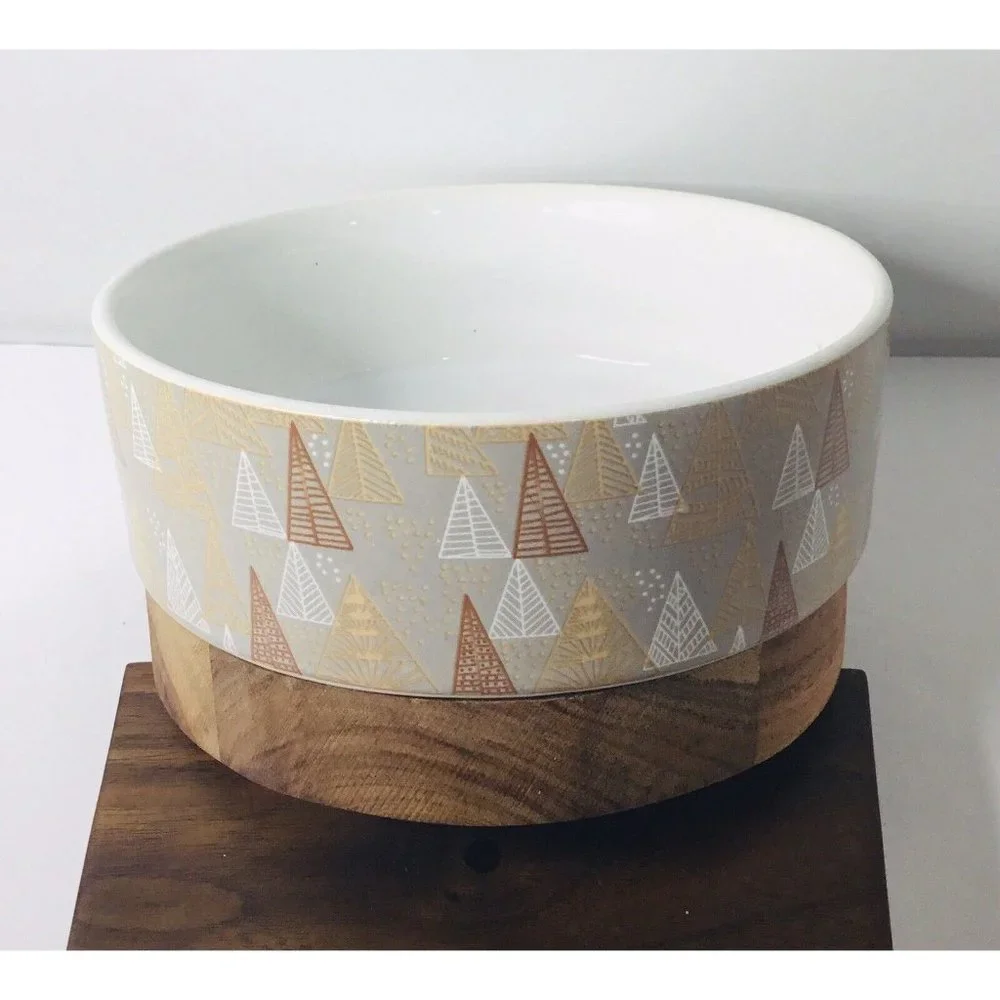 Trees Christmas Dog Water Feed Bowl Ceramic on Wood Base 3.5